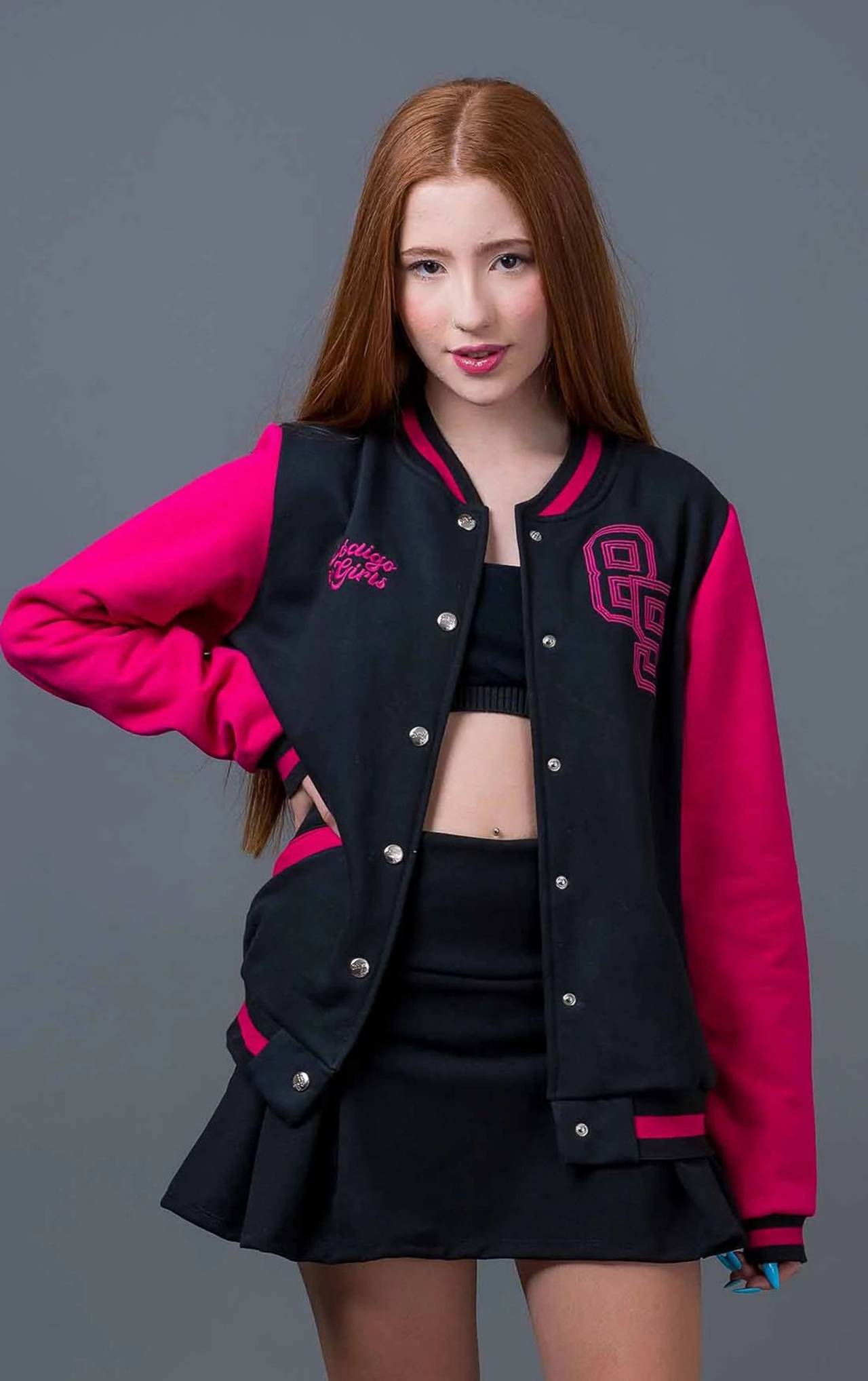 jaqueta college rosa e preta